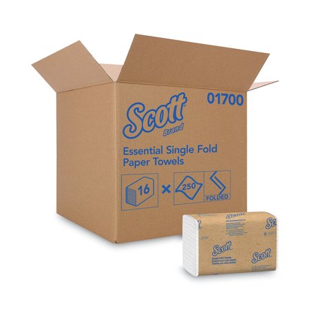 SCOTT Essential Single Fold Paper Towels, 1 Ply, 250 Sheets, White, 16 PK 1700